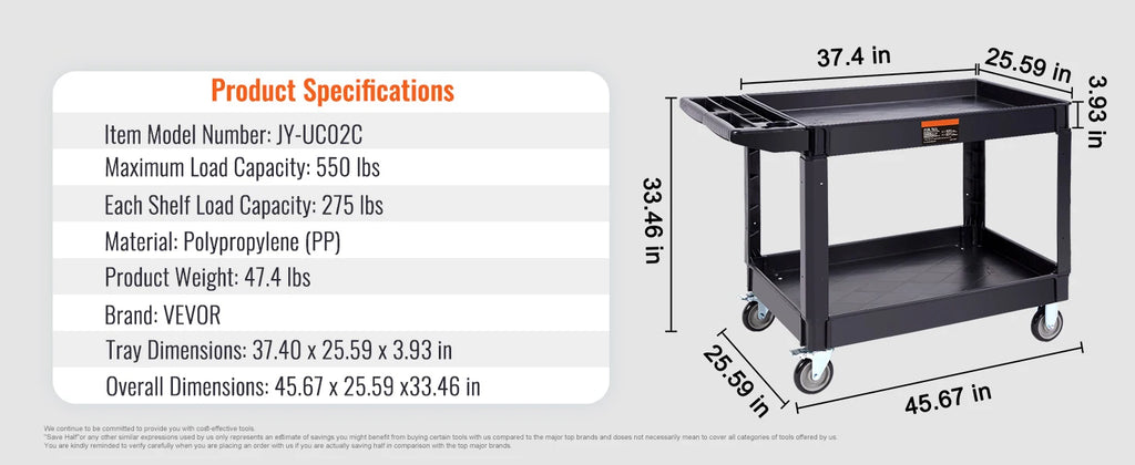 2/3 Shelf Utility Service Cart Dolly with 360° Swivel Wheels Ergonomic Storage Handle for Warehouse/Garage/Cleaning