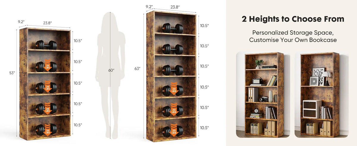 6-Tier Wooden Bookcase, 63-Inch Tall Open Bookshelf