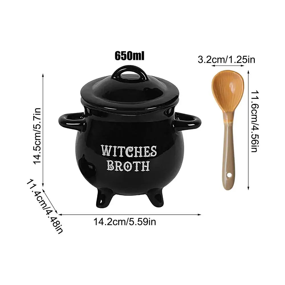 Halloween Witch Cauldron Ceramic Soup Bowl with Spoon, 650 ml