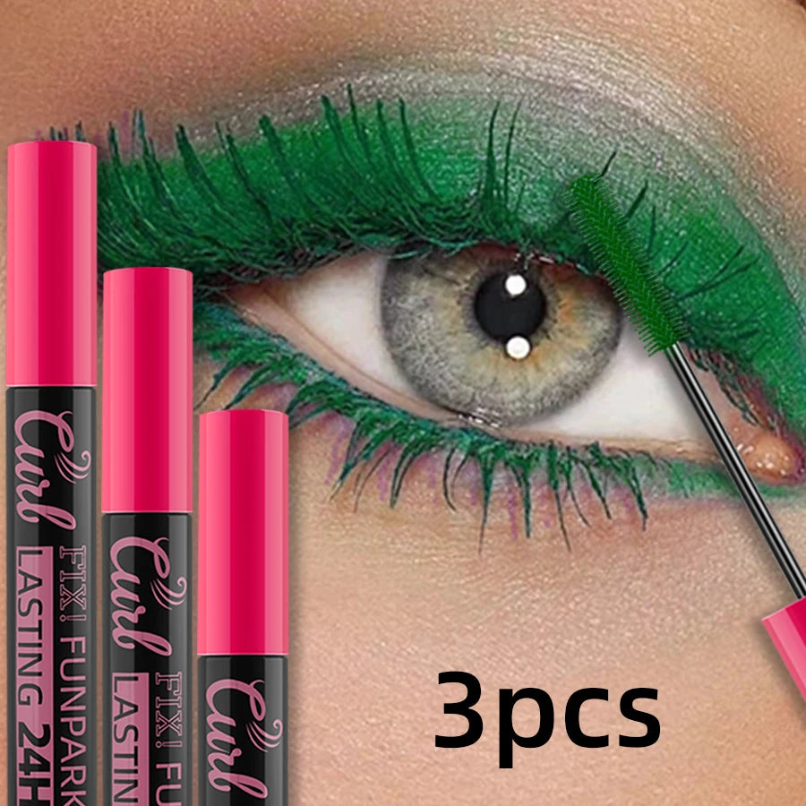 3pcs Colorful 3D Eye Blue Green Purple Mascara Waterproof Lengthens Eyelashes Extension Silk Fiber Mascare Long Lasting Eye Makeup for Women Cosmetic