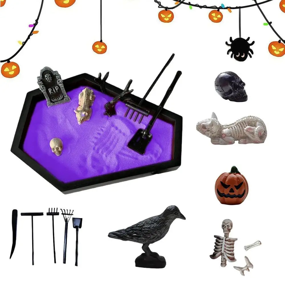 Halloween Coffin Sand Tabletop Decor, Gothic Mini Sand Tray Kit with Skull