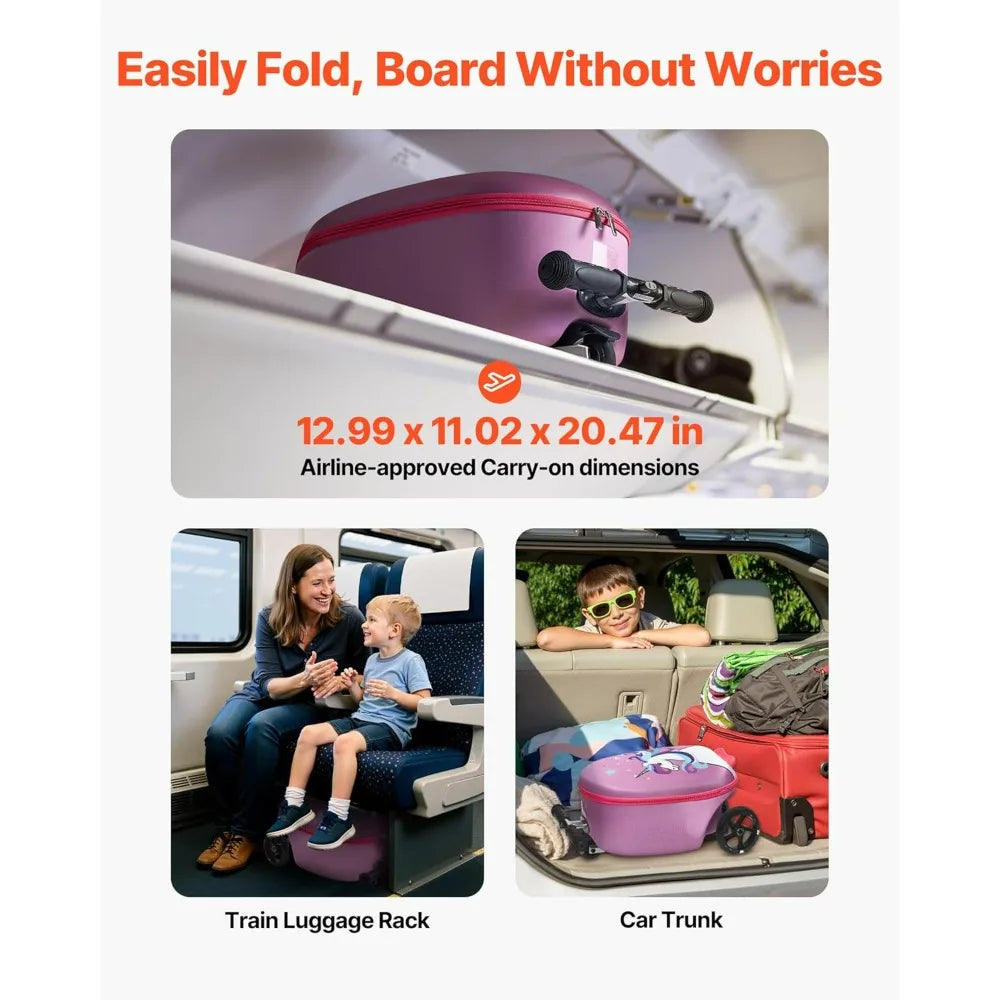20L 20 Inch Purple Kids Ride-on Luggage Scooter Suitcase Flash PU Wheels Adjustable Handle TPR Grip Foldable for 5+ Kids Travel