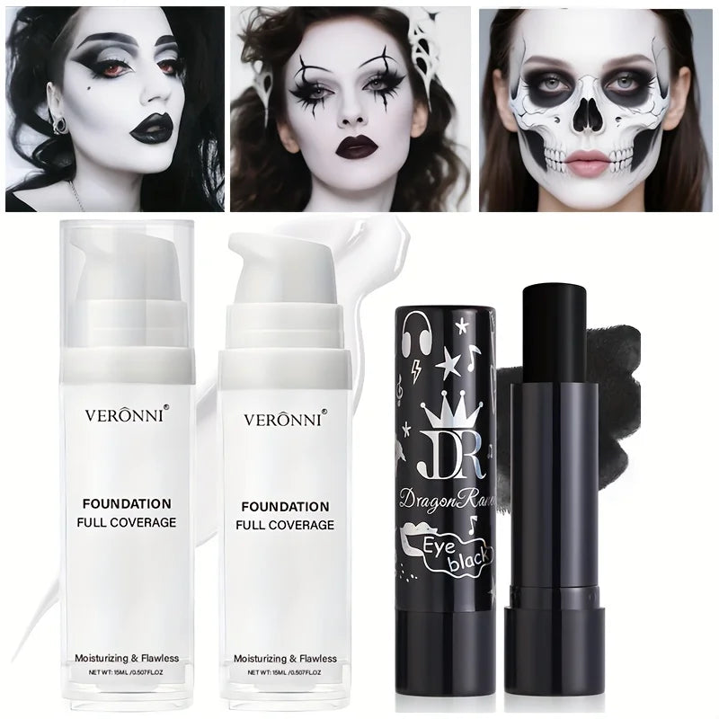 White Liquid Foundation And Black Lipstick Halloween Cosplay Set,Suitable for Adults,Matte Finish,Long-Lasting for All Skin Type