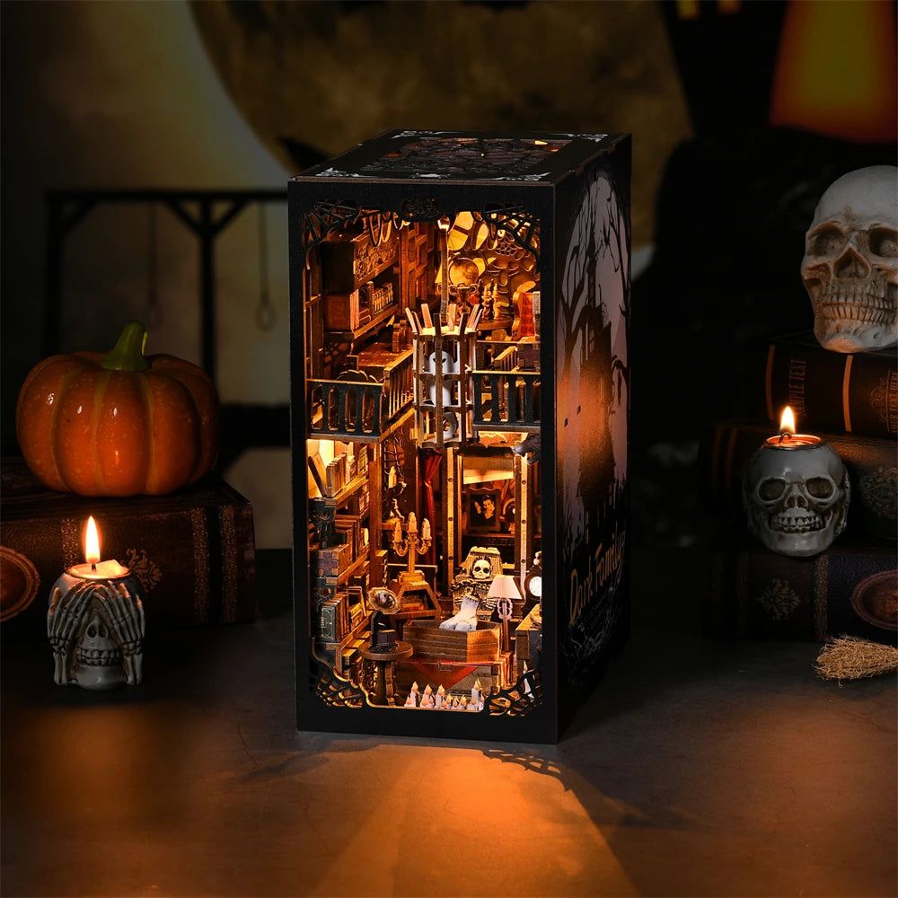 Book Nook Kit Dark Family DIY Wooden Puzzle Gothic Style Halloween Bookshelf Dollhouse Model Bookend Building Home Decoration