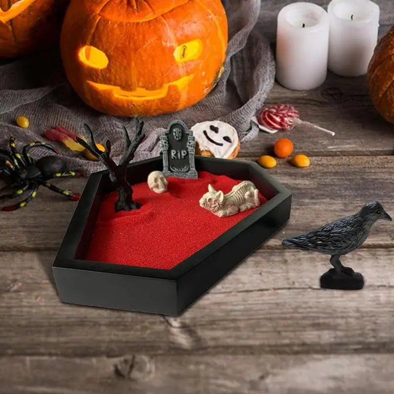 Halloween Coffin Sand Tabletop Decor, Gothic Mini Sand Tray Kit with Skull