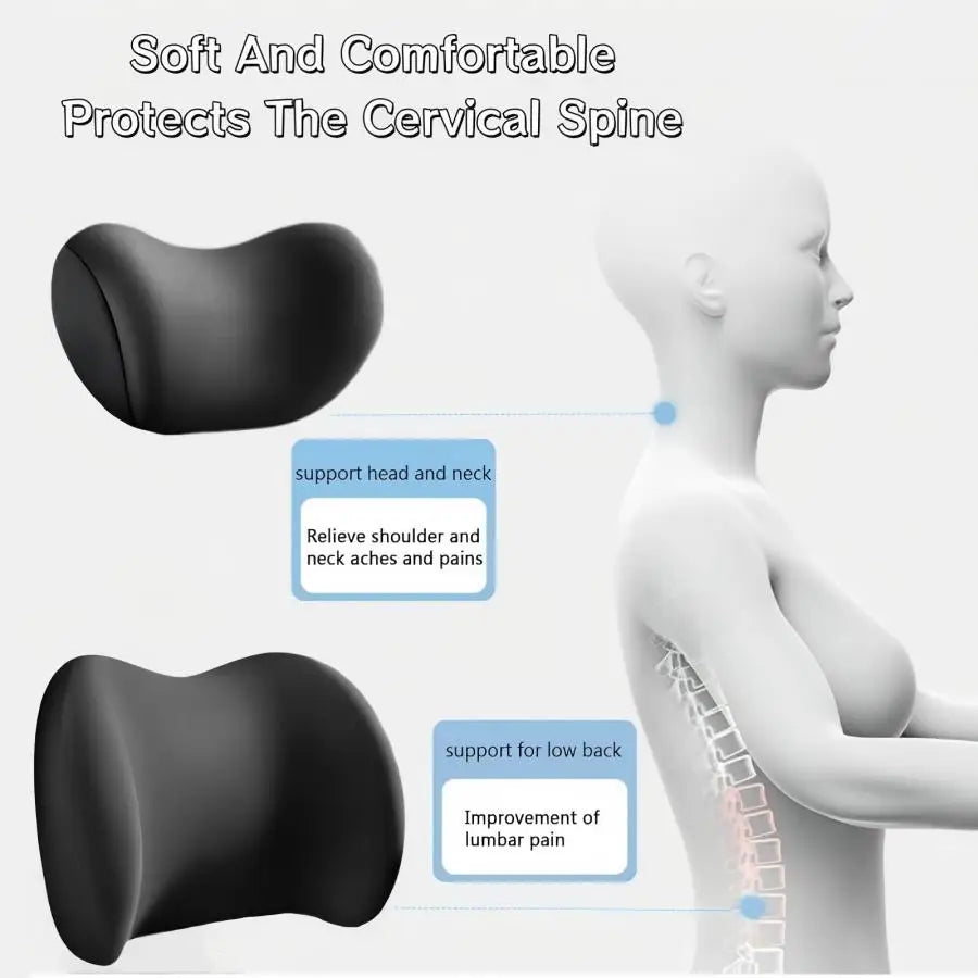 Car Headrest & Lumbar Support Cushion Kit, Ergonomic Driving Fatigue Relief Seat Memory Foam Neck Back Rest Pillows