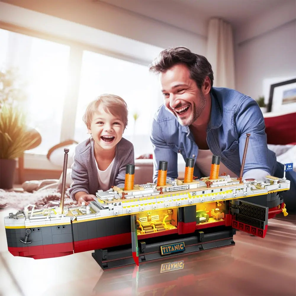 2-in-1 Ocean Liner Building Block Set with LED Lights and Iceberg Display Stand, Model Ship Kit