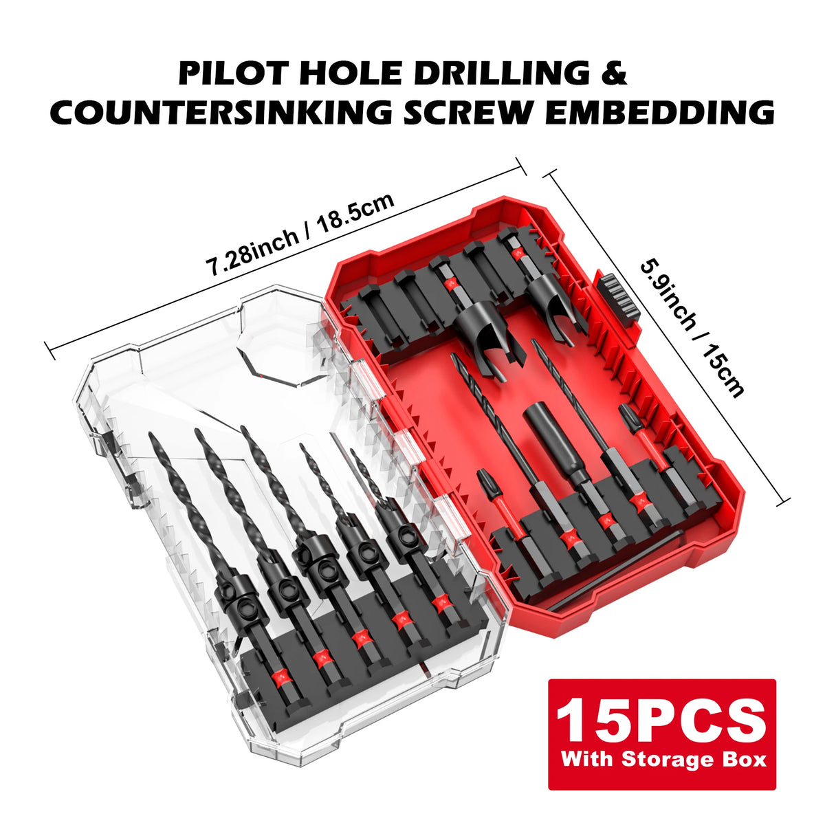 15PCS Countersink Drill Bit Set, Tapered Drill Bits with Wood Plug Cutter, 1/4" Hex Shank Quick Change Chamfer Tool for Woodworking, with Storage Box