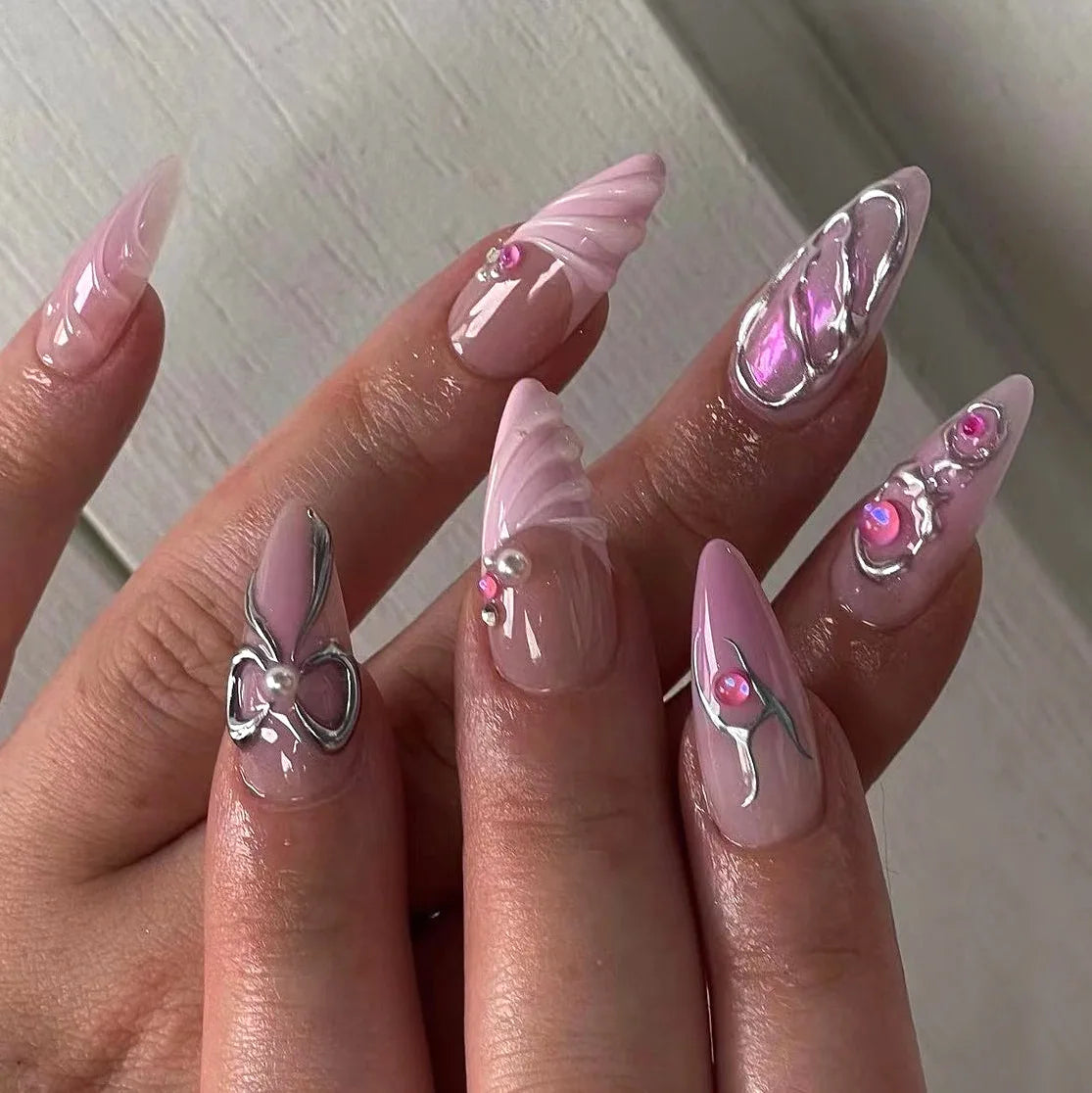 24Pcs Almond Press On Nails, Full Coverage False Nails (Random Style)