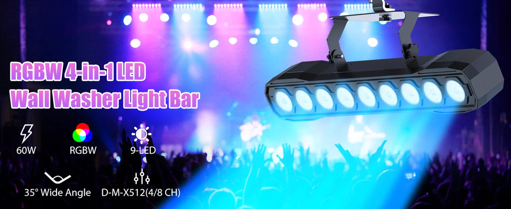 U'King 60W Wall Wash Light Bar 9LEDs RGBW Stage Lights Bar DMX DJ Lights For Church Events Wedding DJ Disco Party Bar Show