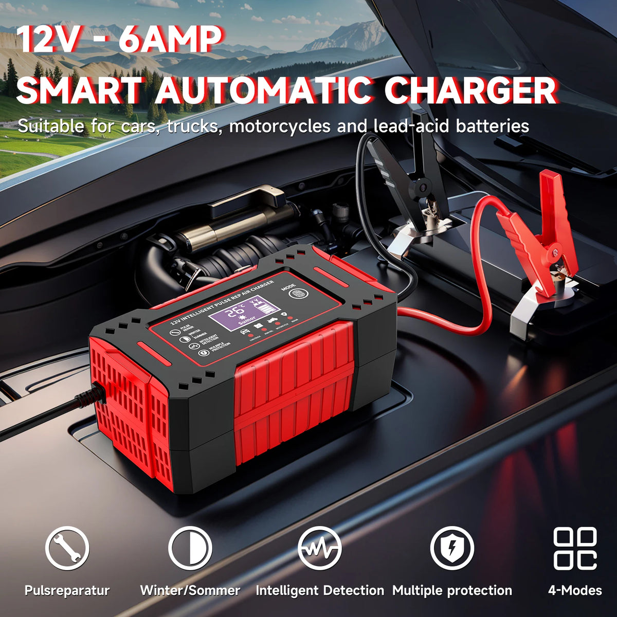 Smart 6A 12V Car & Motorcycle Battery Charger with LCD