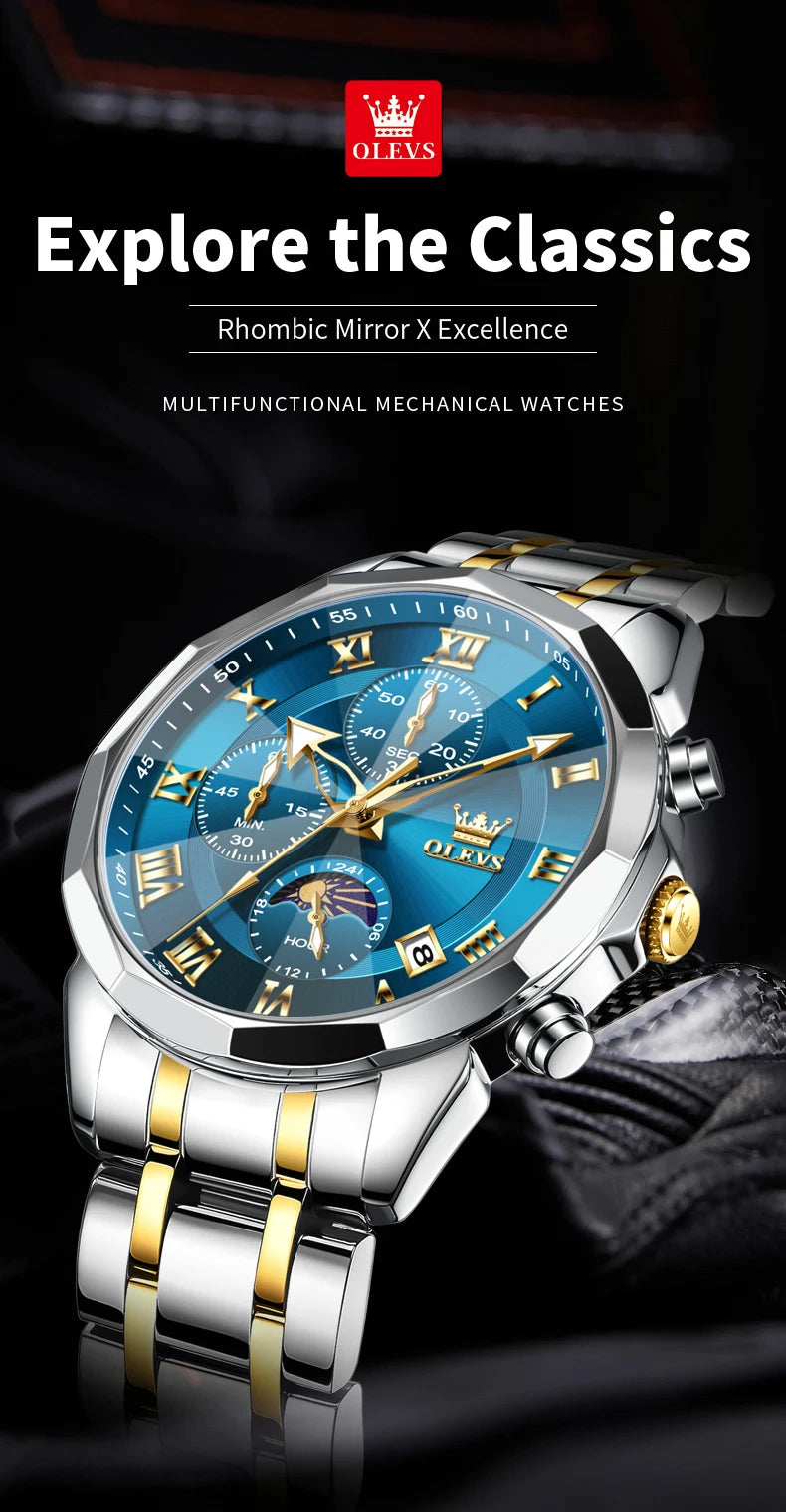 OLEVS Men's Chronograph Watch with Moon Phase, Waterproof Multifunction Quartz Wristwatch