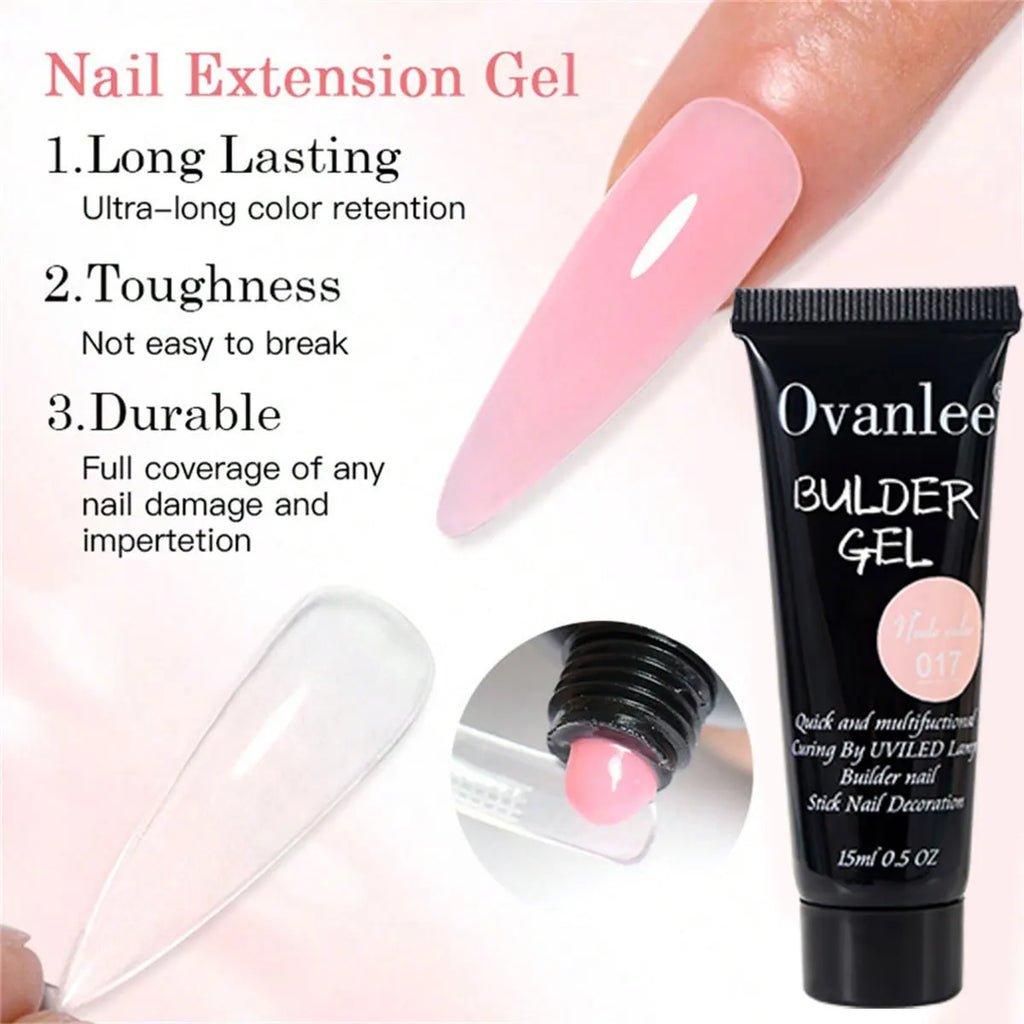 Ovanlee 18-Piece All-in-One Nail Builder Gel Kit – 12 Colors 15ml Polygel with Mini UV/LED Lamp, Cleaning Fluid, Nail Tips & Tools – Form-Free DIY Manicure Extension & Strengthening Set