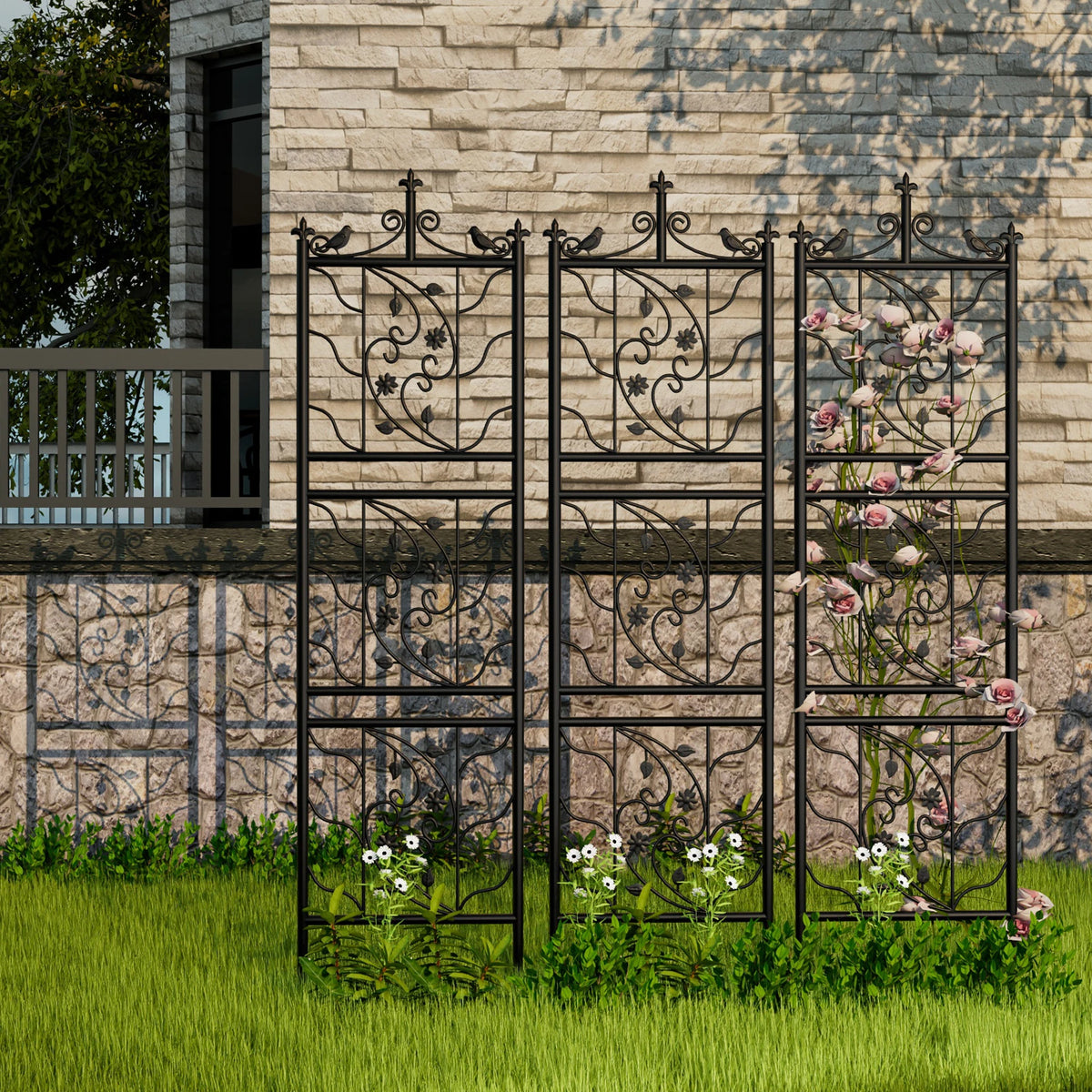 71-Inch Decorative Metal Garden Trellis for Climbing Plants, Black