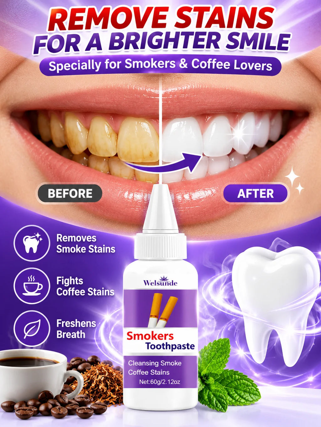 2 Packs Whitening Teeth Toothpaste, Gently Reduce Smoke & Coffee Stains, Toothpaste for Deep Cleaning & Brighter Smile, Purple Remineralizing Hydroxyapatite Toothpaste, with Minty Fresh Breath, Gentle on Gums, Ideal Oral Hygi