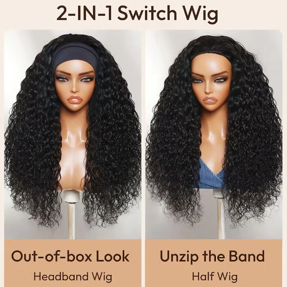 UNice Hair Water Wave Human Hair Headband Wig & Half Wig 2-In-1 Beginner Friendly Ready To Go Glueless Wig With Drawstring
