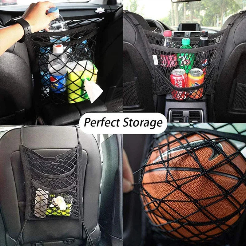 Car Seat Storage Net Bag and Pet Barrier, Stretchable Mesh Organizer Between Seats