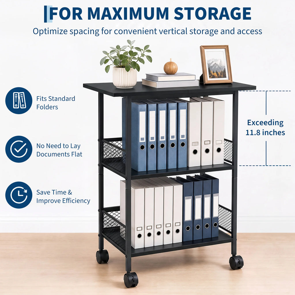 3-Tier Printer Stand with Storage Shelves, Mobile Heavy Duty Rolling Rack on Wheels for Large Printers, Black Industrial MDF and Iron, Home Office