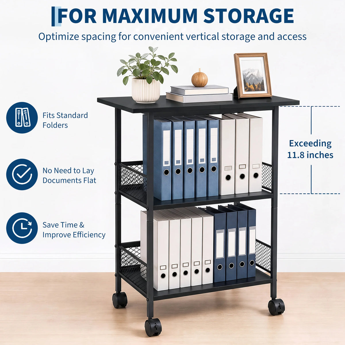 3-Tier Printer Stand with Storage Shelves, Mobile Heavy Duty Rolling Rack on Wheels for Large Printers, Black Industrial MDF and Iron, Home Office