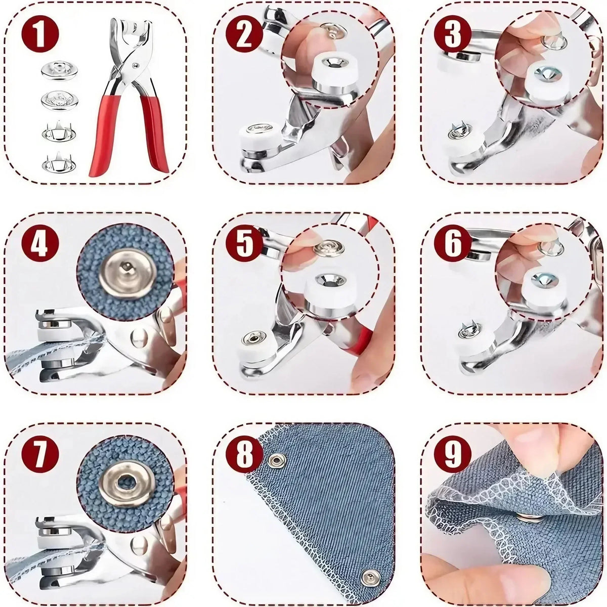 1Set 201Pcs Hand Pressed No Sew Five Claw Button Installation Tool Set Metal Snap Buttons Fasteners Pliers Kit for Baby Clothes Romper Sewing