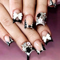 Y2K 24Pcs Set French Style Black & White Tie Dye Polka Dot Press-On Nails, Reusable, With Bowknot, Star Rhinestones, Cute & Chic, Suitable For Dates