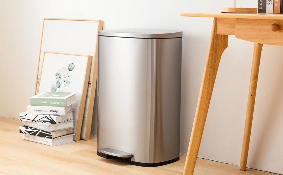 13 Gallon 50L Kitchen Step Trash Can with Lid Fingerprint-Proof Brushed Stainless Steel Garbage Bin for Office Bedroom Bathroom