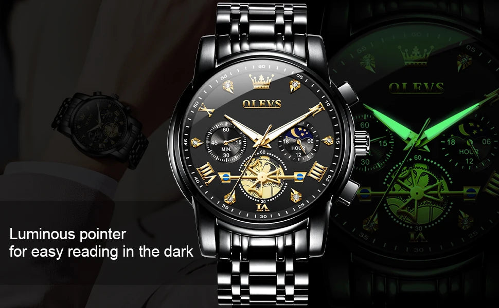OLEVS Men's Skeleton Chronograph Watch with Moon Phase, Stainless Steel Quartz Wristwatch