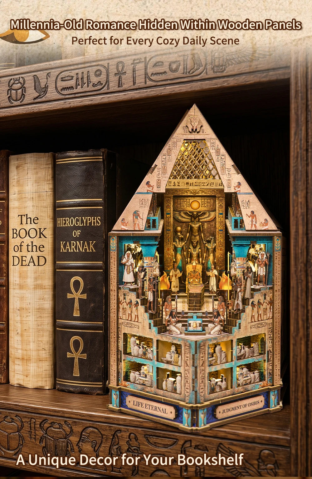 DIY Book Nook Kit, Egyptian Pyramid 3D Wooden Bookshelf Insert