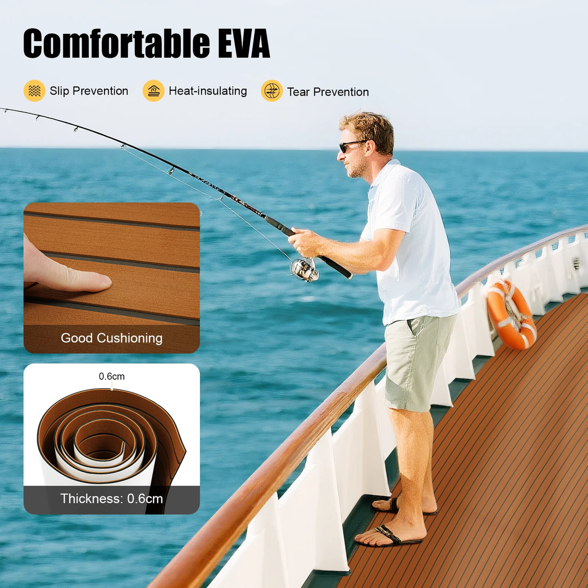 Self-Adhesive EVA Foam Floor Mat 90x240cm Faux Teak Waterproof Boat Decking RV Floor Pad 6mm Thick for Marine Caravan Home Gym