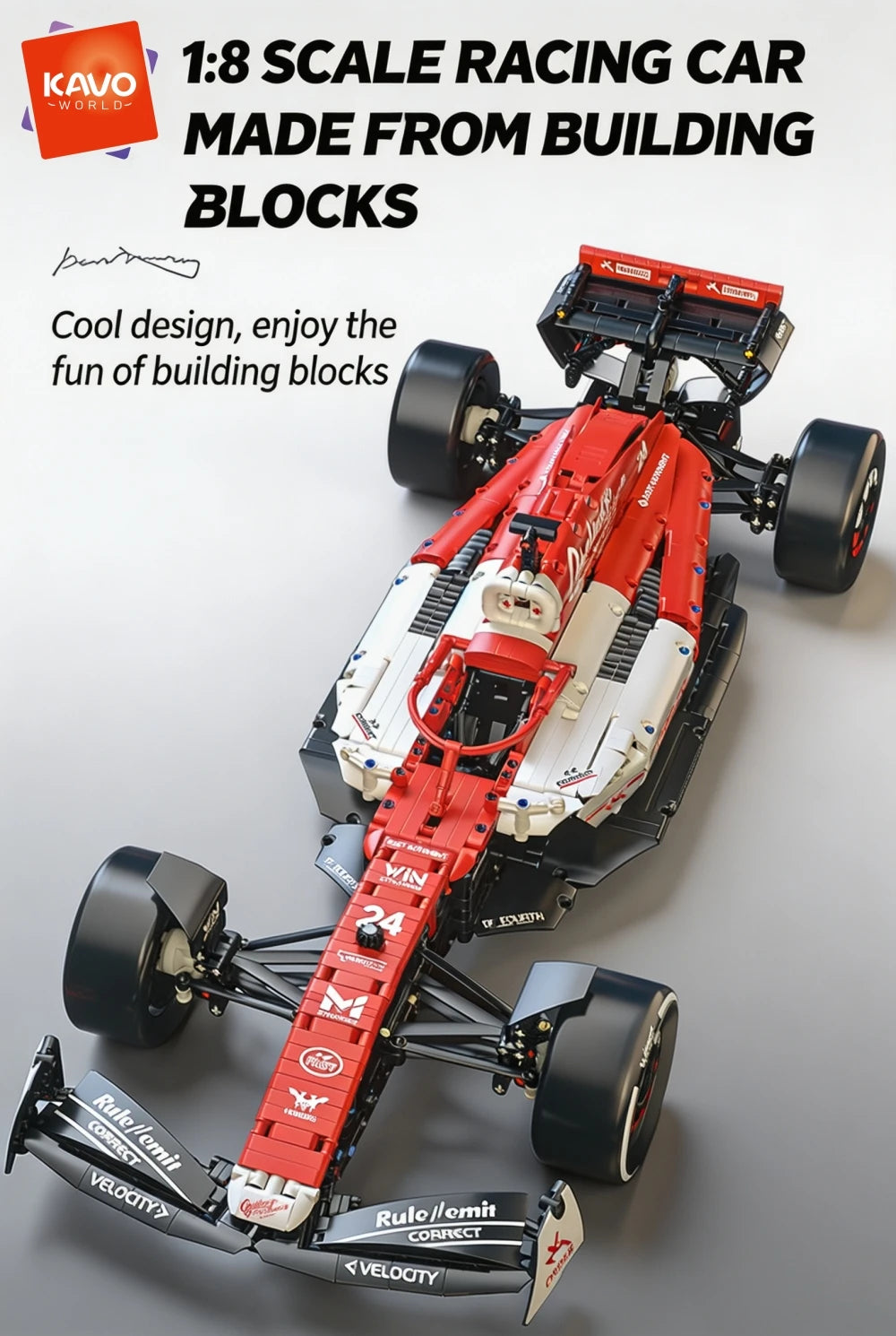 KAVOWORLD 1768pcs 27 Inches Large MOC Sports Race Car Building Blocks Set DIY Formula Red & White City Racing Car Bricks Model Kit 1:8 Construction Collection Ornament Building Toys with Realistic Suspension Steering Cockpit