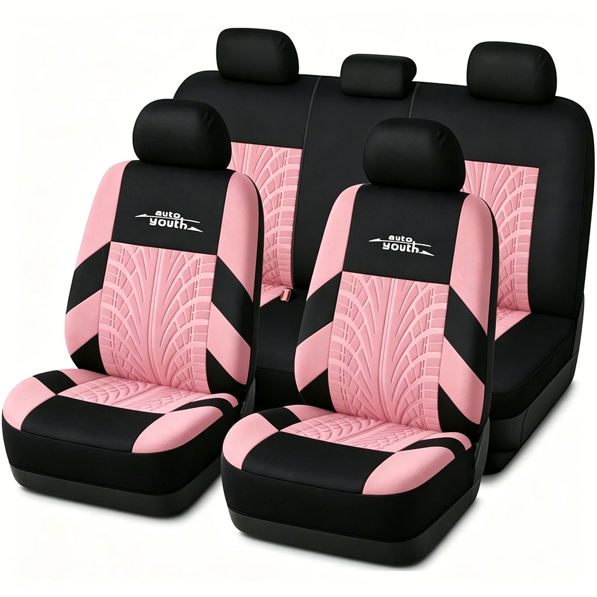 AUTOYOUTH Embroidered Car Seat Covers Full Set, Universal Fit with Tire Track Detail