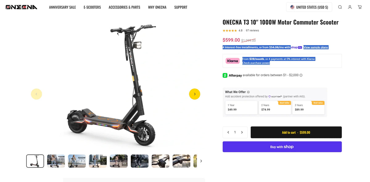 ONECNA T3 1000W Motor Electric Scooter for Adults, 30mph Top Speed, 40Miles Long Range, Lightweight Foldable Frame, Dual Suspension, 10 Inch Fat Tires E-Scooter