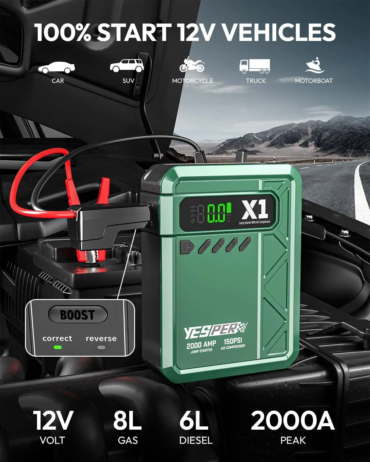 YESPER 2000A Jump Starter & 150PSI Air Compressor 2-in-1, 12V Portable Emergency Booster for 8L Gas 6L Diesel Car SUV Truck