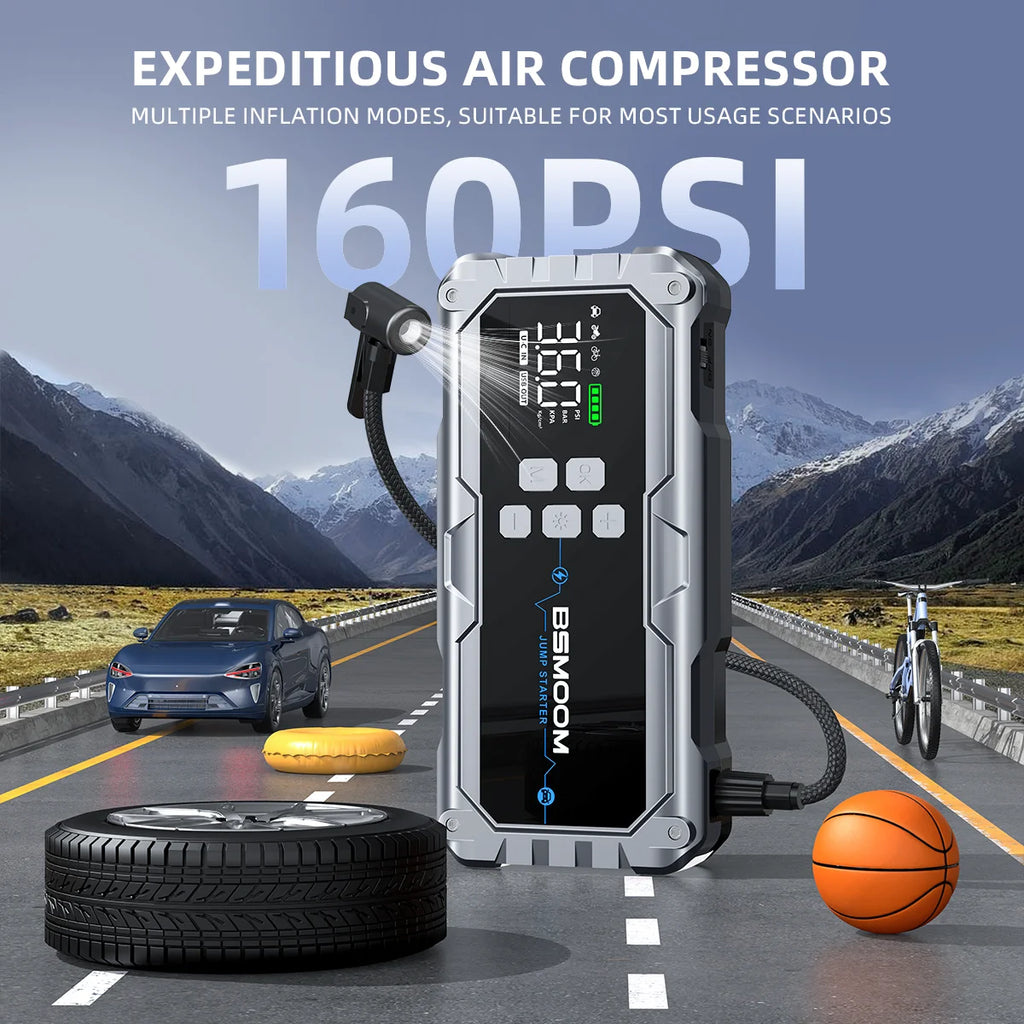 Portable Car Jump Starter with 150PSI Air Compressor, Power Bank and Emergency Battery Booster