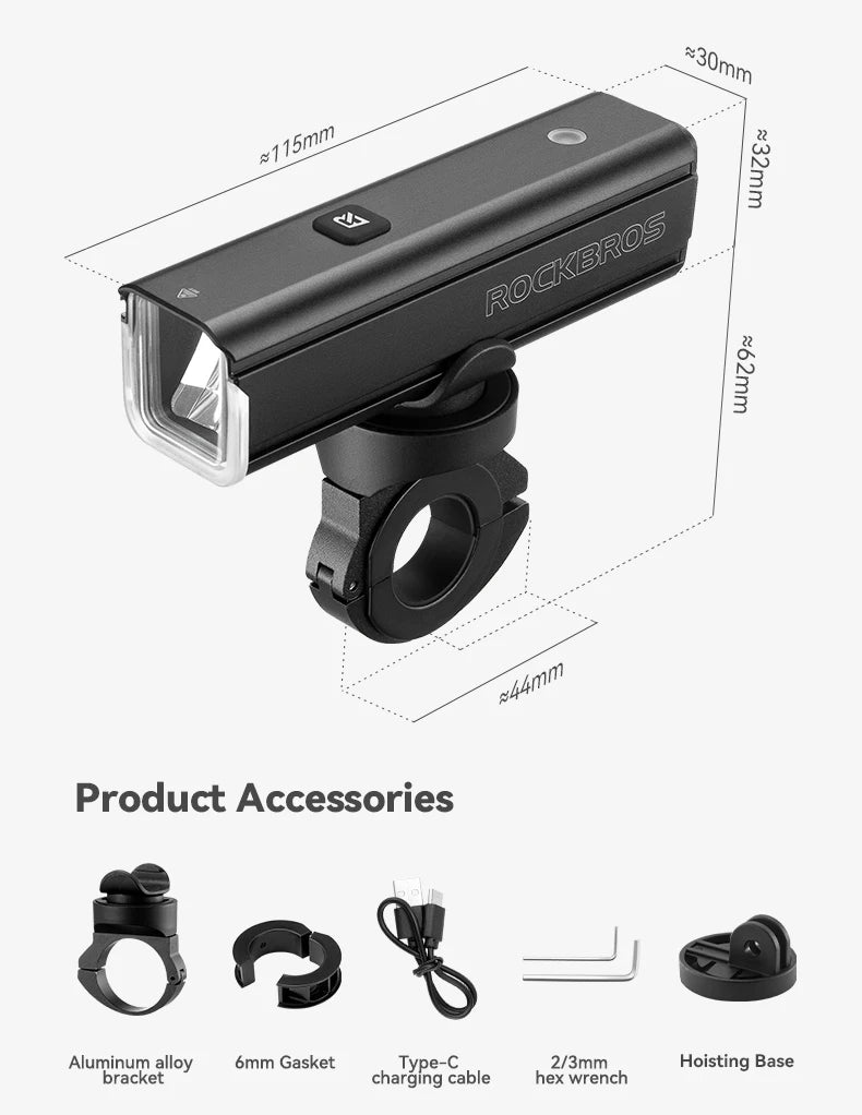 ROCKBROS Bike Light 1500LM 5000mAh Bicycle Lights IPX6 Aluminum Type-C Rechargeable Smart Brightness Sense Adjust Cycling Lamp