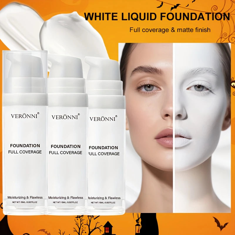 Matte White Liquid Foundation Makeup,Buildable Coverage Primer & Concealer Stick,Waterproof & Long-Lasting for Halloween,Cosplay