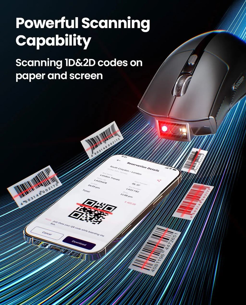 Eyoyo 2-in-1 Wireless Barcode Scanner and Mouse Combo, 1D and 2D Codes, Bluetooth QR Reader with 1200mAh Battery