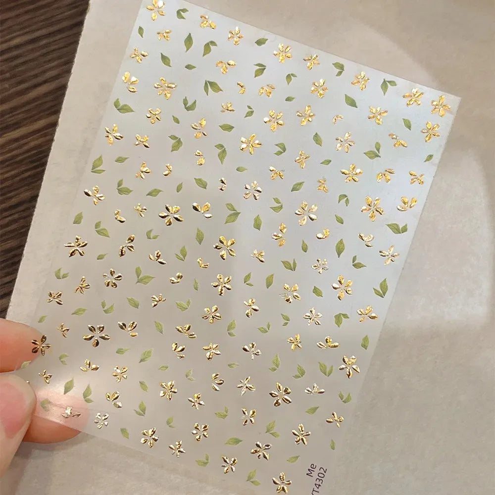 Golden Leaf Five Leaf Flower Nail Sticker Bronzing Spring Flowers Adhesive Backing Blossom Nail Slider Decoration Accessories