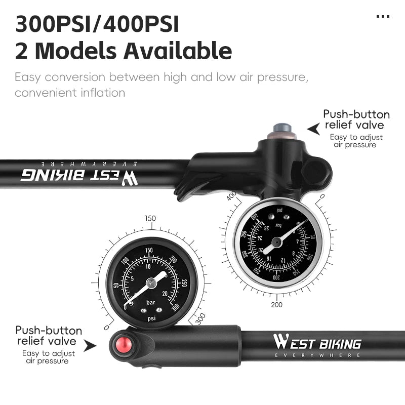 WEST BIKING 400PSI Bicycle Air Pump High Pressure MTB Bicycle Pump Front Fork Rear Suspension Pressure Gauge Schrader Valve