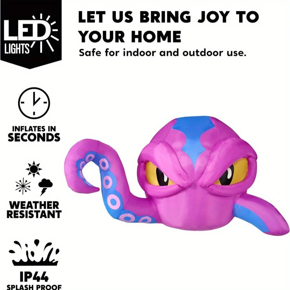 6.2 FT Long Purple Octopus Head Halloween Inflatable with Tentacles Broke Out from Window with Built-in LEDs Blow Up for Halloween Window Decor, Outdoor Yard Garden Lawn Party Decoration