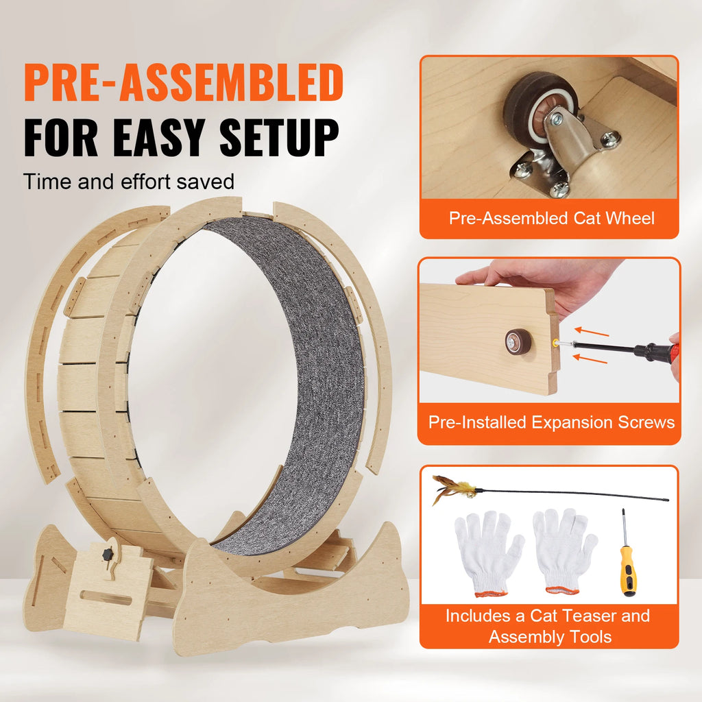 SucceBuy Wooden Cat Exercise Wheel, Large Cat Treadmill with Detachable Carpet and Cat Teaser