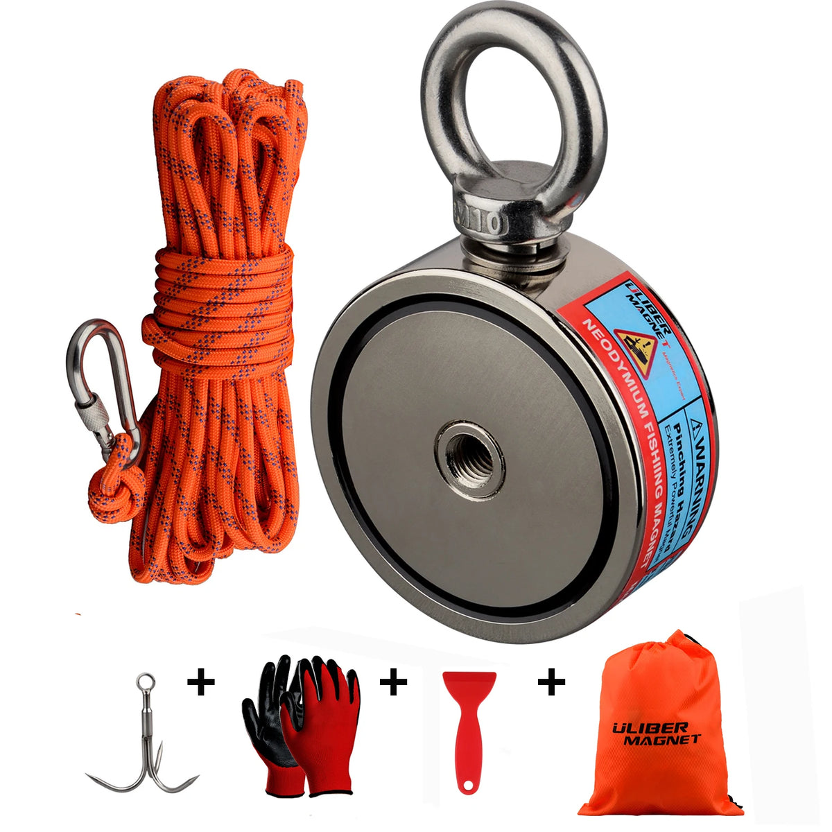Double-Sided Magnet Fishing Kit 300-500kg, Neodymium Magnet with Rope, Gloves and Grappling Hook