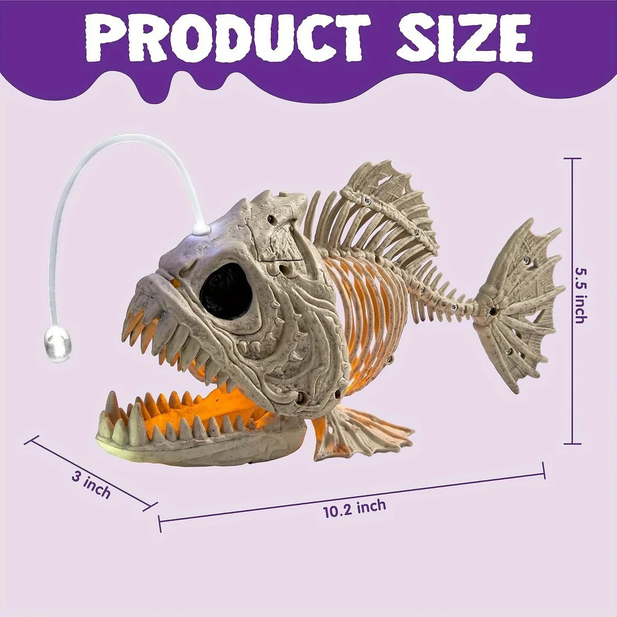 Skeleton Lantern Fish Halloween with LED Eye Plastic Bones for Halloween Party Photo Prop Decoration Graveyard Decor, Indoor Outdoor Spooky Scene(10.2" *5.5" *3")