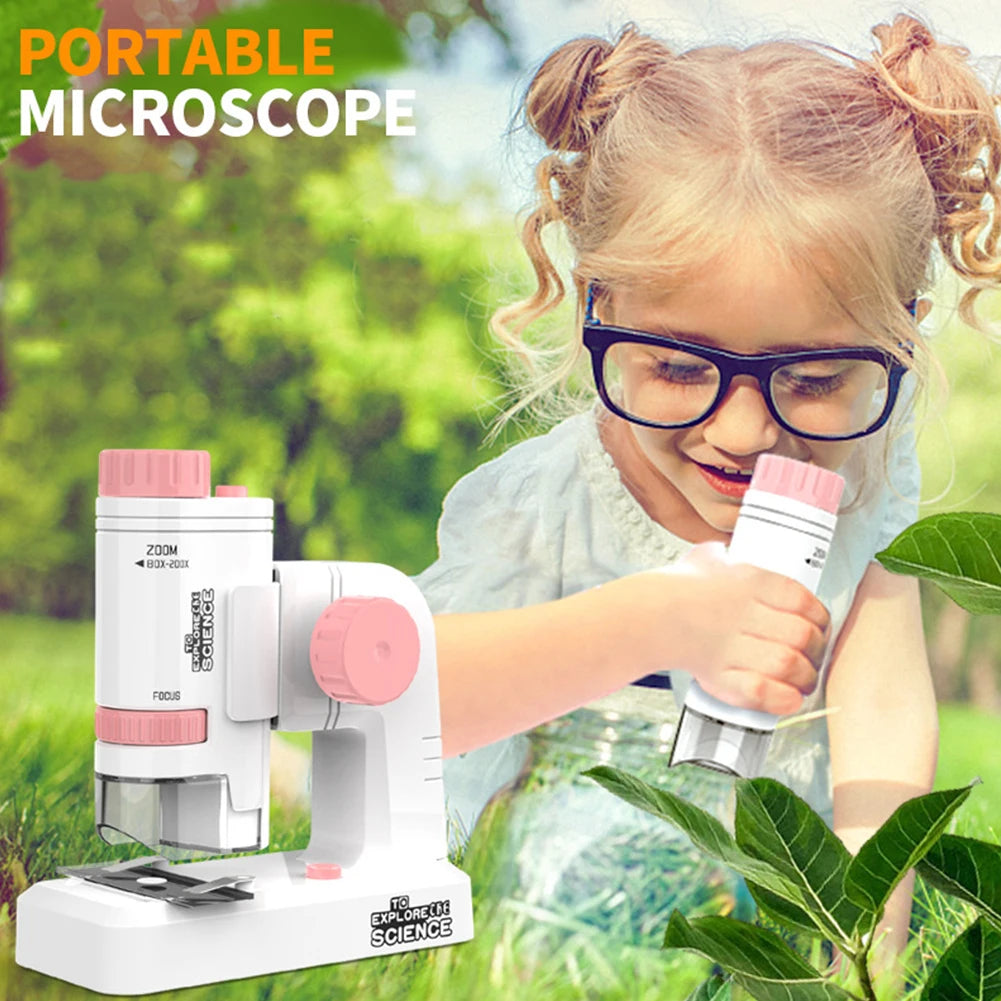 Mini Microscope Kit with LED Light Learning Science Microscope Battery Powered Portable Mini Microscope Outdoor Children Toy