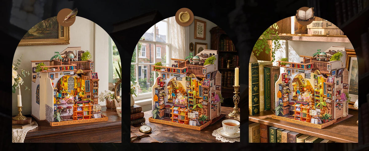 Rolife Wooden Dollhouse 3D Puzzle Pagestory Bookstore DIY Miniature House Craft Kit Kit with LED Light for Bookshelf Decor Brain Teasers Jigsaw Toys Holiday Gift for Book Lovers