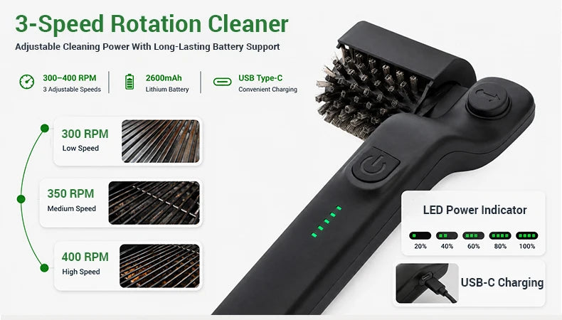 Electric Grill Brush, Multifunctional High Torque Grill Brush with 3-Speed Modes, 20kg Max Torque BBQ Cleaner Safe for Porcelain Cast Iron Stainless Steel, Reinforced Steel Bristles
