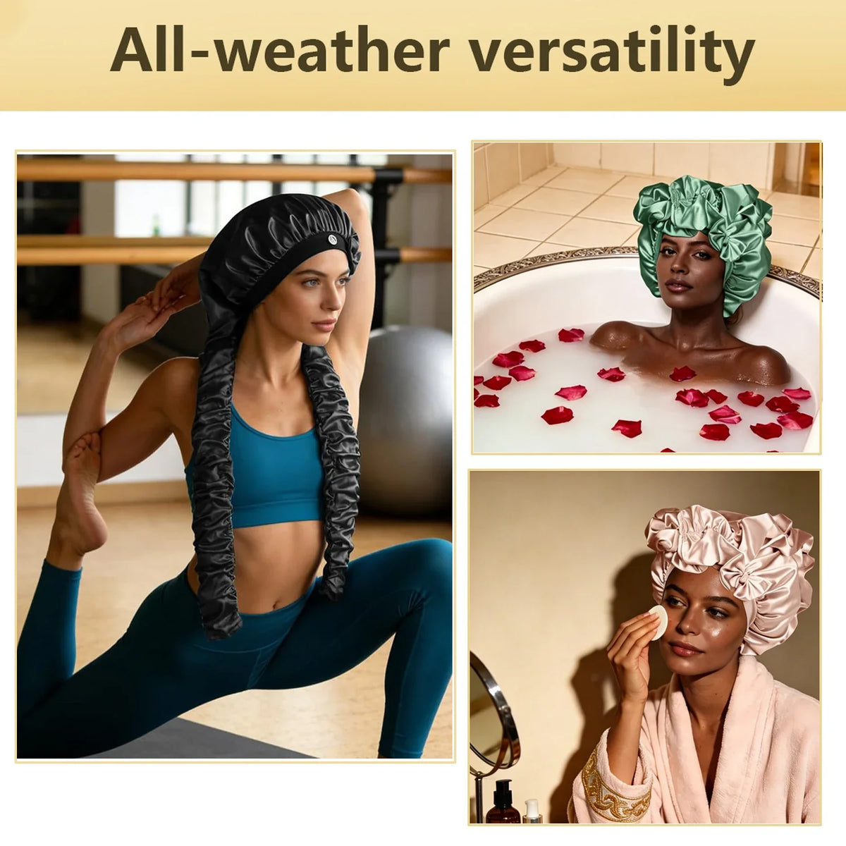 Heatless Curl Satin Sleep Bonnet with Curling Ribbons, No-Slip Bonnet for Long Hair