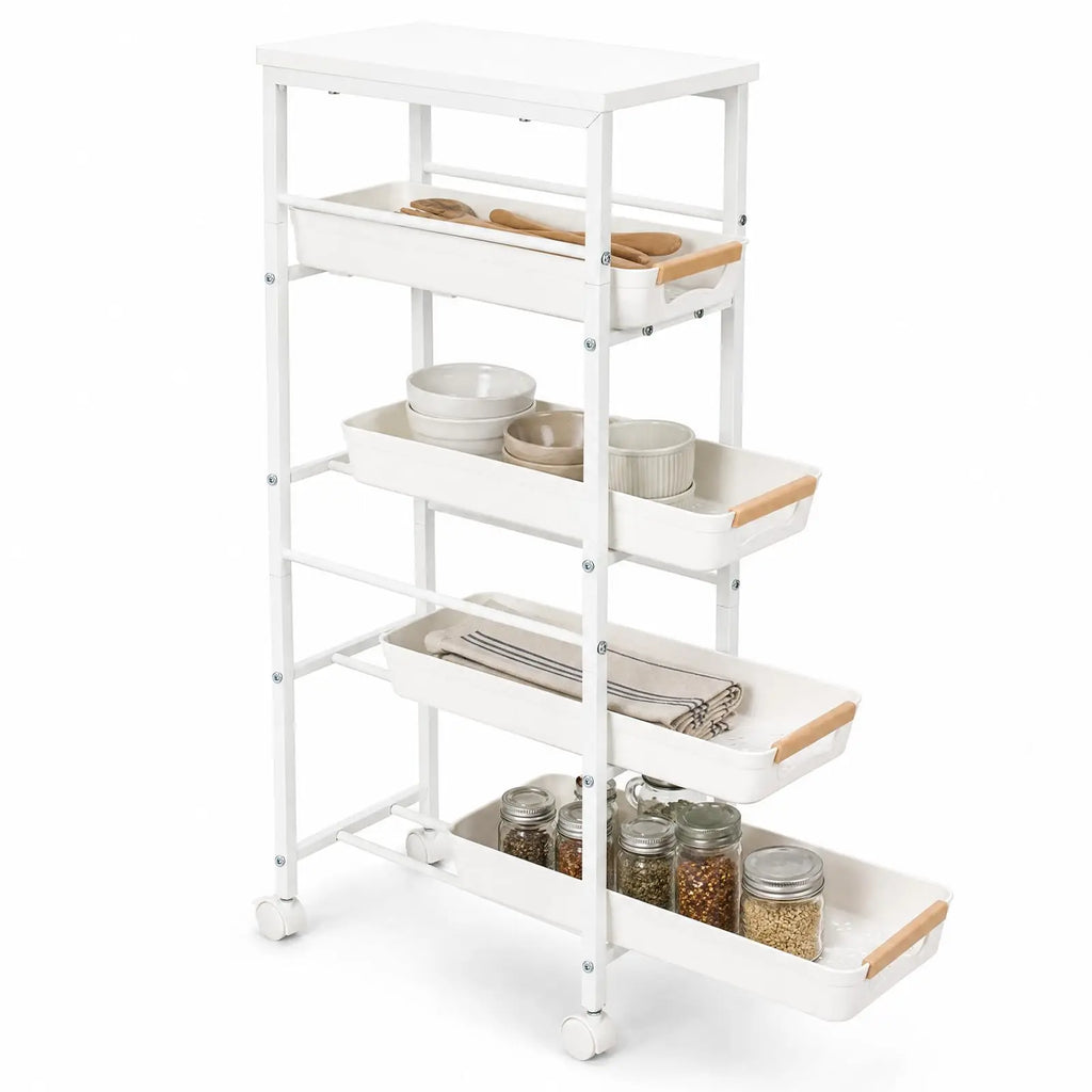 5-Tier Rolling Kitchen Storage Cart with Pull-Out Basket