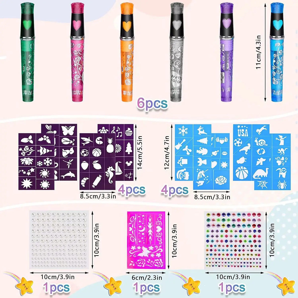 Mixed Color Temporary Tattoo Markers Kit,Washable Body Art Pens with Rhinestone Stickers,Floral Designs for Festivals,Halloween