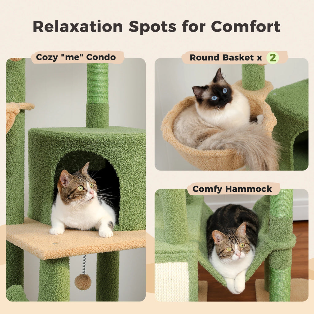 Cactus Cat Tree Floor to Ceiling Cat Tower 7 Tiers Cat Climbing Tree with Cozy Hammocks and Condos 5 Platforms Scratching Posts